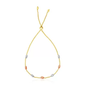 14k Tri-Color Gold Textured Oval Station Lariat Style Bracelet