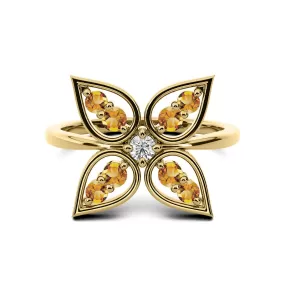 14k Yellow Gold 0.40ct ttw Citrine/Diamond Flower Ring