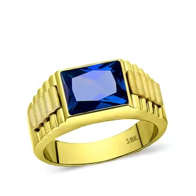 18K Solid Yellow Gold Wedding Engagement Ring Band with Blue Sapphire Gemstone