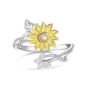 925 Sterling Silver Sunflower CZ Adjustable Ring Flower Ring