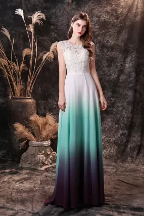 A Line Sleeveless Appliques Ombre Silk Like Satin Floor Length Prom Dresses