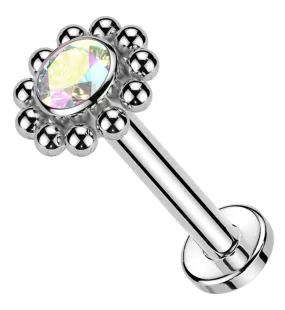 Beaded Flower Rainbow Aurora CZ Internally Threaded Titanium Labret