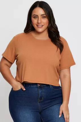 Beige Crop T-Shirt Crew Neck Short Sleeve Semi