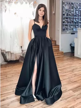 Black Spaghetti Strap Simple Satin Long Prom Dress Evening Dress, OL642