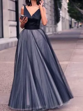 Black V-neck Tulle A-line Sleeveless Prom Dress, OL687