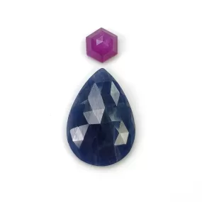 BLUE And Raspberry SAPPHIRE Gemstone Rose Cut : 13.20cts Natural Untreated Sapphire Pear Hexagon Shape 2pcs