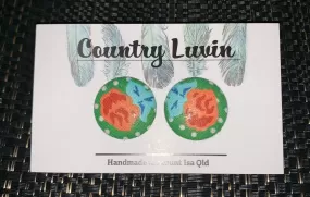 Country Luvin' 23mm - Flower 1 W/ Green Polkadot Fabric Earring