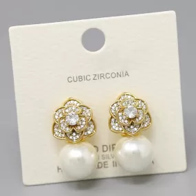 CZ Pave Flower With Pearl Drop Earrings