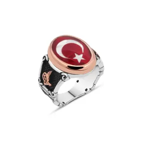 Enameled Turkish Flag Ellipse Silver Men’s Ring Siding Ottoman Tughra