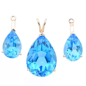 Estate 14K Yellow Gold Blue Topaz Pear Pendant & Jacket Earrings Set