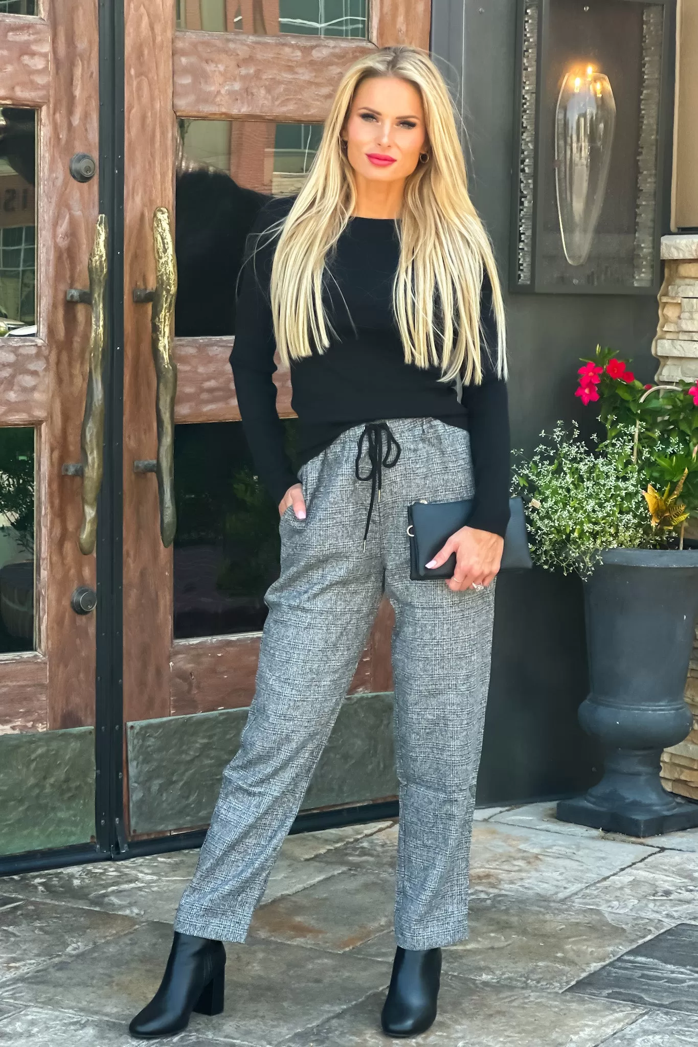 Midtown Strolls Twill Pull On Pants : Charcoal/Plaid