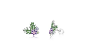 Purple Flower Leaves Crystal White Gold palladium Girl's Stud Earring