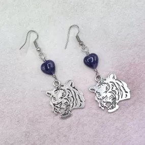 Tiger earrings with amethyst gemstone hearts