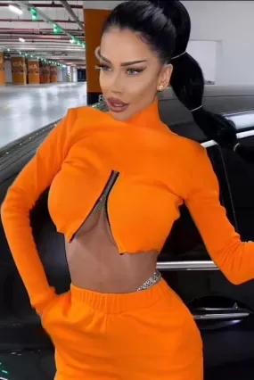 TOP 'ORANGE B' - Crop top portocaliu cu fermoar in fata