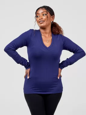 Vivo Basic V-Neck Long Sleeve Top - Navy Blue